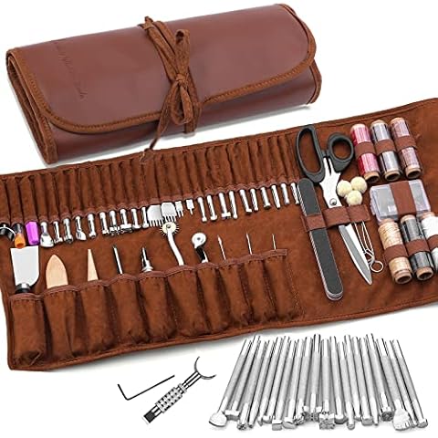 TLKKUE Leather Craft Tools Leather Working Tools Kit with Custom Storage Bag Leather Carving Tools Leather Craft Making for Cutting Punching Sewing Carving Stamping Leather Tooling Kit Cover
