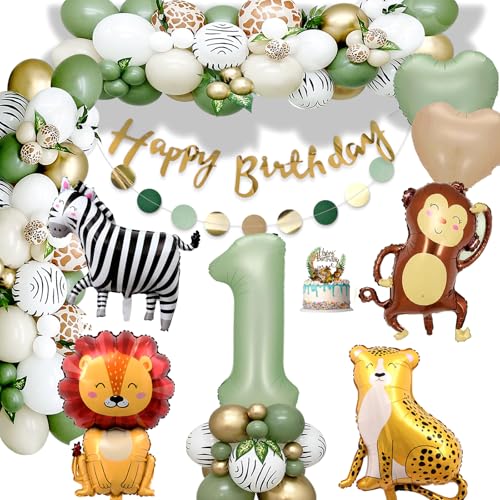 Globo De Cumpleaños 1 Año, Decoración Para Fiesta 1 Año: Niño Niña, Animales De La Selva Safari, Jungla