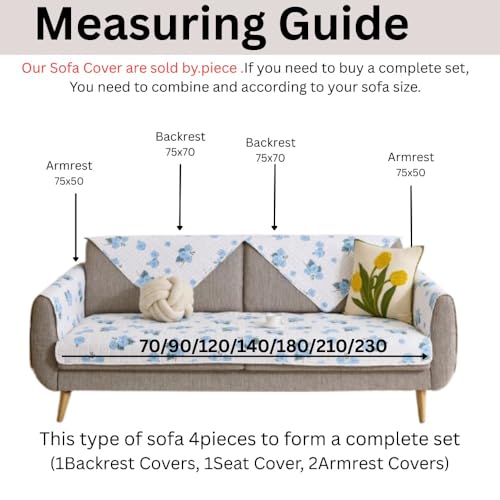 Image of HOMETHREADS Anti-Skid Sofa Protector Mat: Premium Printed Cotton Slipcover with Strong PVC Non-Slip Backing, (White Blue, 2Pc Armrest Mat | 50x75cm)