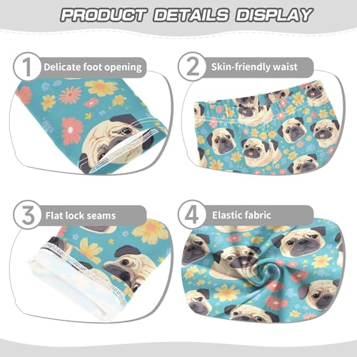 Cute Pug Head Girls' Leggings Toddler Doodles Colorful Flowers Kids Yoga Pants Dance Active Tights 4T3