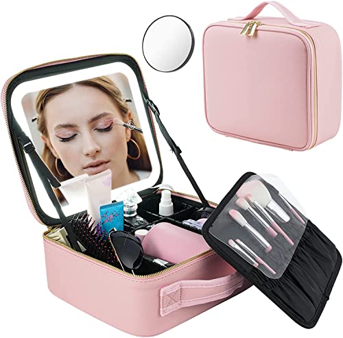 Gekmor Makeup Bag With Lighted Mirror, Travel Makeup Train Case With 3-Color Setting & Adjustable Dividers, Waterproof Portable Cosmetic Bag With 10X Magnifying Mirror For Women #TOP1