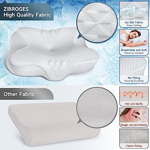 Zibroges Cervical Sleeping Pillow, Memory Foam Neck Pillow for Neck Head Shoulder, Ergonomic Contoured Support Bed Pillow for Side/Back/Stomach Sleepers with Removable Cover