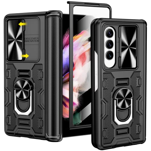 VEGO for Galaxy Z Fold 3 Case with Camera Cover, Hinge Protection Case with Front Screen Protector & 360°Ring Magnetic Kickstand Protective Armor Cover for Samsung Galaxy Z Fold 3 - Midnight Black