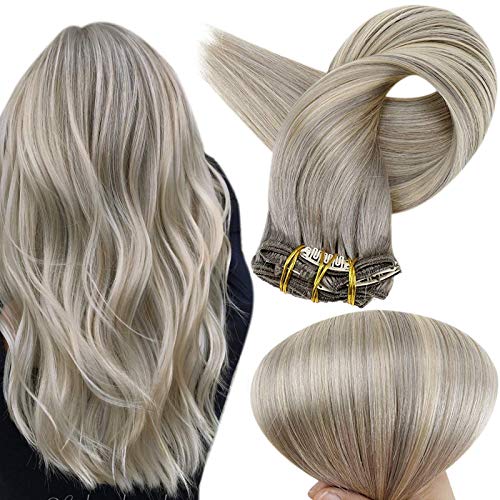 Full Shine Hair Clip in Ombre Grey Hair Extensions Full Head 18 Inch Color 19A Ash Blonde Fading to Color 60 Platinum Blonde Highlighted 19A Double Weft Clip in Human Hair Extensions 100 Gram
