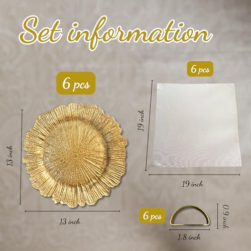Set de 6 platos cargadores de plástico dorados con servilletas y anillos miniatura 2