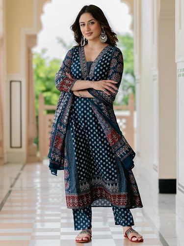 Image of Arayna Women's 100% Pure Cotton Printed Ethnic Suit | A-Line Kurta Set with Pant & Dupatta