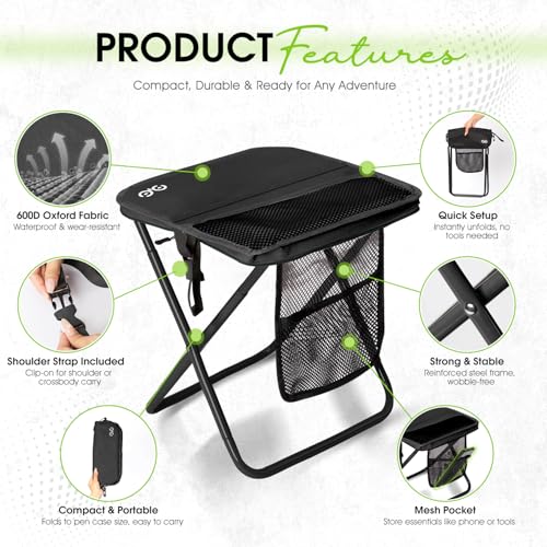 Image of CAMDOOR Portable Collapsible Stool, 16″Folding Stool with 3 Side Pockets and Shoulder Strap, Extra Large Camping Chair Supports 400 lbs, Ultralight Portable Seat for Outdoor, Hiking, Fishing