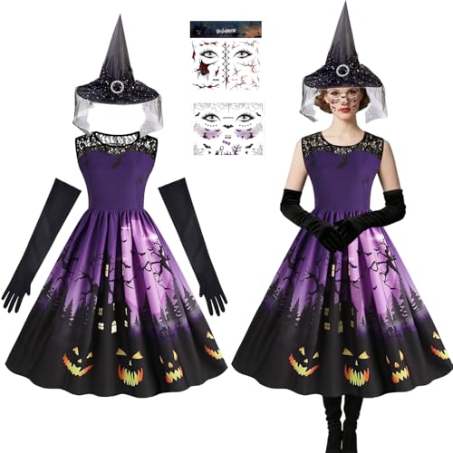Halloween Kostüm Damen, 5tlg Hexenkostüm Hexen Kostüm Damen mit Hexenhut Handschuhe Gesichtsaufkleber, Ärmellos Kleider Gothic Hexe Kleid für...