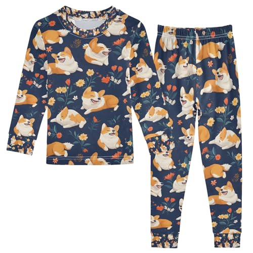 senya Corgis on Flower Garden Pajamas Set Long Sleeve Soft Cotton Sleepwear 2 Piece