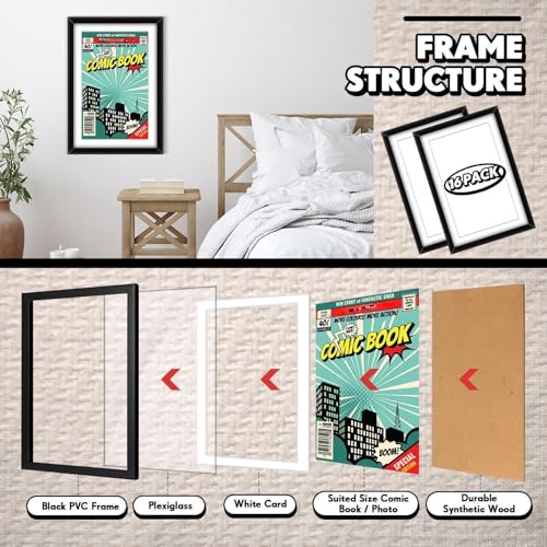 Image of Geetery 16 Pack Comic Book Frame UV Protection Magazine Picture Display Wall Mount Book Fit Current up to 6 3 /4 inch x 10 1 /4 inch Wall or Tabletop Display with Spring Clip Installed Hanger(Black (white Mat))