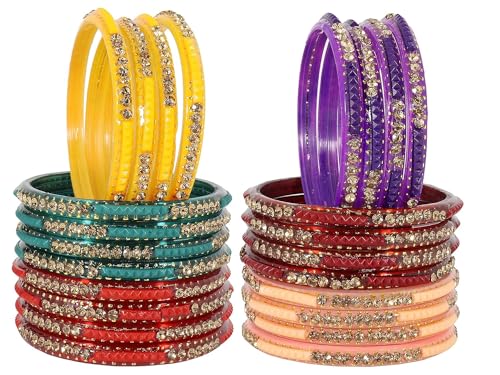 Image of NMII Fancy Glass Bangle Set For Women & Girls | Kada Bangles For Daily Use | Kaanch Ke Kade | Multicolor Kada Set | Chudi For Women | Fancy Women's Bangles For Wedding, Party & Gift