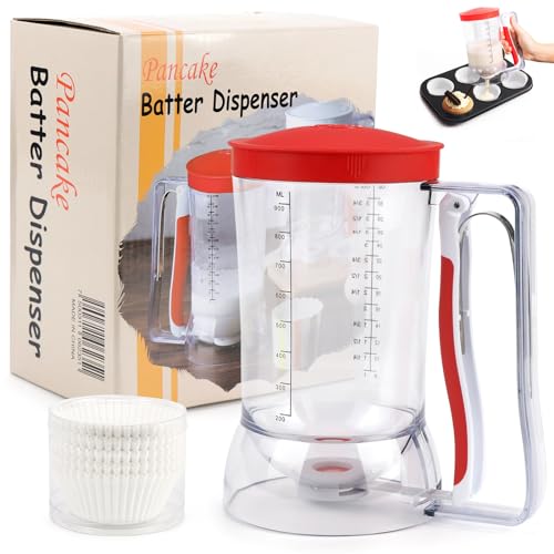 Kuchen Teigportionierer 900ml Teigspender Batter Dispenser Mit Deckel und Skala für Kuchen, Pfannkuchen, Muffins, Waffeln