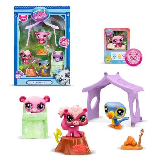 Bandai Littlest Pet Shop - Pack Set Camping 3 Animaux et Accessoires - Littlest Pet Shop LPS Panda Écureuil Toucan - Coffret Jouet Mini Figurines Animaux Mignons - Jouet Enfant 4 Ans et + - BF00574