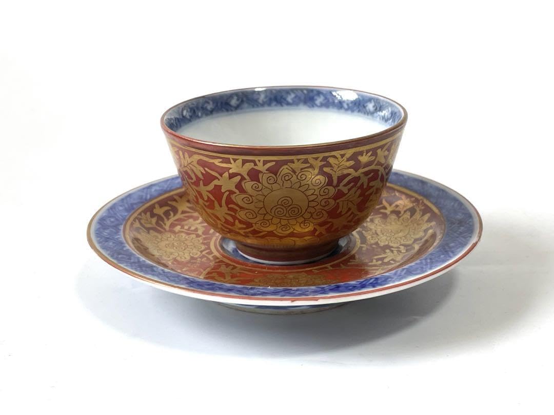 陶芸家　作家物　須田菁華　青華　金襴手台付盃　煎茶碗　杯　カップ　共箱　魯山人 陶芸家 作家物 須田菁華 青華 金襴手台付盃 煎茶碗 杯 カップ 共