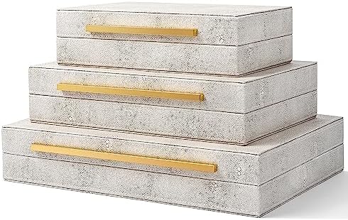 XINSTAR Faux Ivory Shagreen Leather Decorative Boxes,Decorative Storage Boxes With Lids 3 Pcs Set,Storage Boxes Jewelry Organizer,Women'S Accessory Organizer Men'S Jewelry Organizer