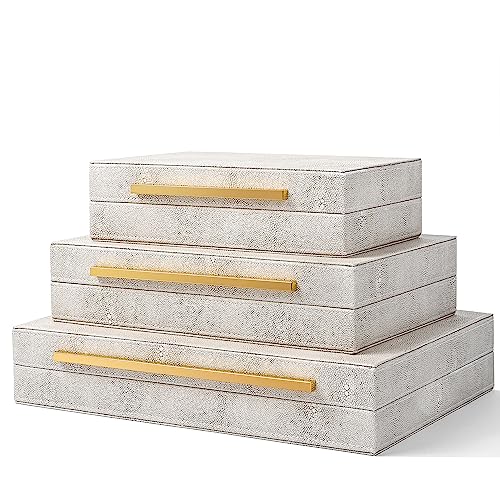 Xinstar Faux Ivory Shagreen Leather Decorative Boxes,Decorative Storage Boxes With Lids 3 Pcs Set,Storage Boxes Jewelry Organizer,Women's Accessory Organizer Men's Jewelry Organizer #TOP14
