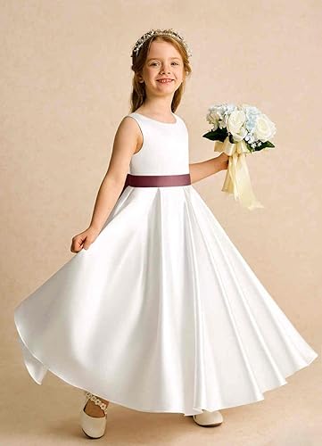 Satin Beaded Bows Long Flower Girl Dress V-Back Junior Bridesmaid Dresses，Formal Ball-Gown for Weddings，Pageants(Desert Rose,4)