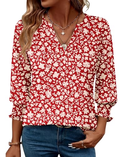 Rapbin Blusas para mujer, manga 3/4, cuello en V, para verano, casual, túnica para mujer, camisas elegantes de negocios 2025, Rojo albaricoque floral, S