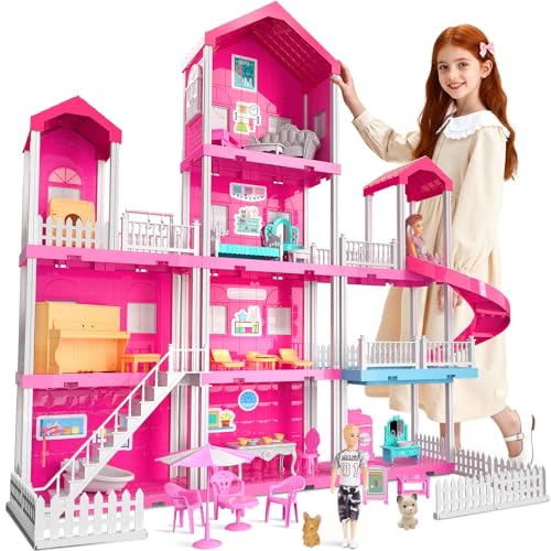 KIZONLY Pink Girl House Playset for Kids 3 4 5 6 7 8 Years Old - Villa Girl Toys with 4 Storeys 10-Room and 2 Dolls Furniture Accessories Pretend Play Indoor Toddler Toys Birthday Gifts for 3-5 6-8