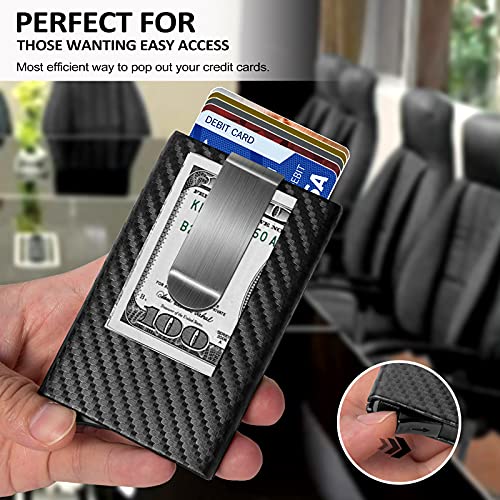 Image of MOSIYEEF Slim RFID Blocking Card Holder Wallet for Men - Minimalist Pop Up Credit Card Holder Wallet with Stainless Steel Money Clip, Carbon Fiber Leather Case, Holds 6 Cards - Ideal Gift for Him