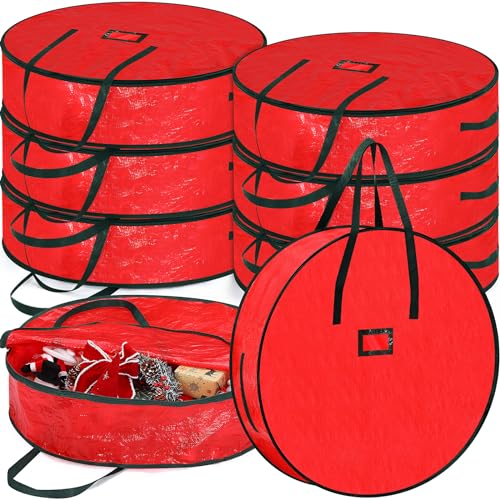 Windyun 8 Pcs Christmas Wreath Storage Container Bulk 30 Inch Plastic Xmas Wreath Bags with Handle Durable Tarp Material Garland Holiday For Heavy Duty(Red)