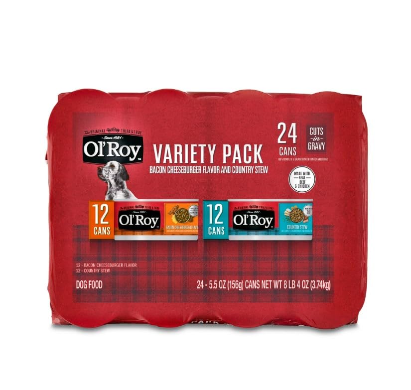 Ols~Roys Wet Dog Food Variety Pack ~ 24 Cans ~ 5.5 Oz Each ~ Bacon Cheeseburger Flavor & Country Stew Cuts in Gravy Complete and Balanced Soft Texture Small to Large Breeds No Artificial Flavors.