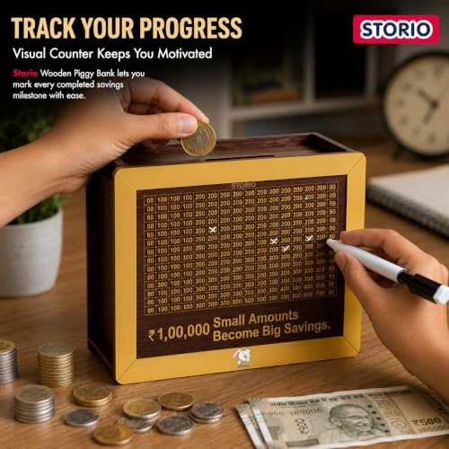 Image of Storio Wooden Piggy Bank with Counter |100000 Money Saving Box | Money Bank for Kids & Adults | Carved Savings Box, Wooden Coin Box, Mini Money Saver Bank for Home & Office Use