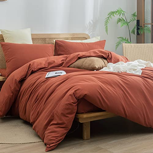 Image of BESTOUCH Cotton Solid Duvet Cover Set Linen Feel Crimson Red Queen | 100% Washed Cotton, Soft Wrinkle Texture, Hidden Zipper, 8 Ties, Breathable Lightweight Durable Comfy, 3 Pcs No Insert