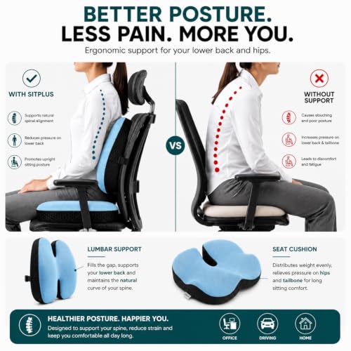 Image of Grin Health SitPlus Ergonomic Seating Combo | Dense Orthopedic Coccyx Seat Cushion & Patented Lumbar Back Support for Office Chair, Car & Long Sitting | Relief for Back Pain, Coccyx & Tailbone Pain