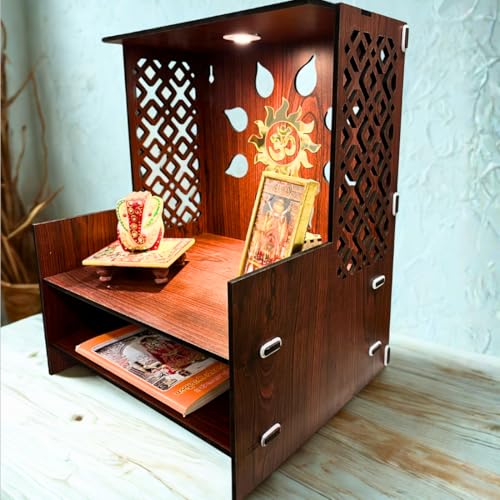 Image of Zesta Wooden Mandir for Home Big Size | DIY Pooja Mandir with LED Spot Light | Devghar Cabinet for Living Room or Office | Wall Mounted Pooja Unit for Home (Brown Big)