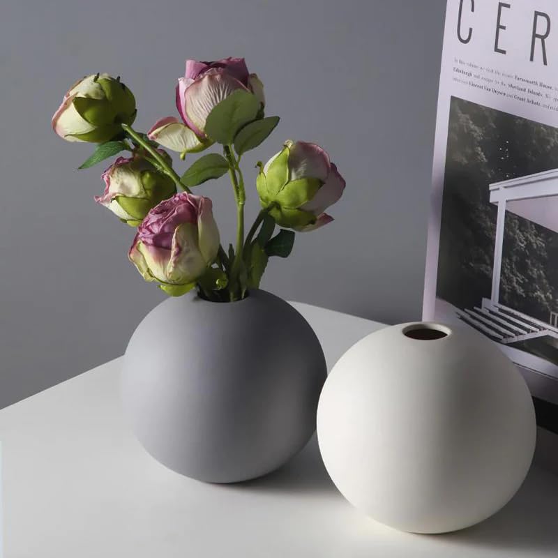 Image of The Purple Tree Round Bubble Ceramic Vase for Home Decor (Pack of 1, White) Rustic Decorative Flower Vase, Round Bubble Vase, Decor for Table Centerpiece, Boho vase