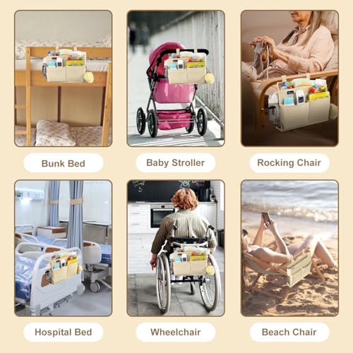 Image of Surblue Bedside Caddy Hanging Organizer Storage Bag for Bunk and Hospital Beds, College Dorm Rooms, Baby Rails, Camp - 4 Pockets, 2 Hooks (Small, Beige)