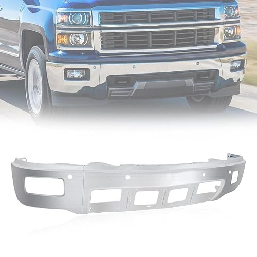 Front Bumper Face Bar Compatible with 2014 2015 Chevy Chevrolet Silverado 1500, With Fog Light & Parking Aid Sensor Holes, 3Pcs Chrome Steel Front Bumper Replacement for 23173678 GM1002845