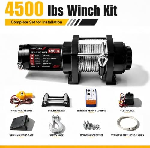 VAROXEN 4500LBS 12V DC Electric Winch, Waterproof Heavy Duty Steel Cable Recovery Winches with Wired Remote, Roller Fairlead & Mount Bracket for ATV UTV Boat Trailer Off Road Towing Vehicle Rescue - 5