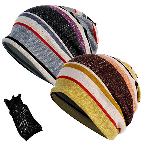 YOFASEN Beanie para Mujer Hombre - Unisex Gorro Verano Invierno Pañuelo Cabeza Suave Cálido Elástico Ponytail Beanie Hat, 2 Pcs Delgado-(Gris+Amarillo+Gorras de Peluca Cover