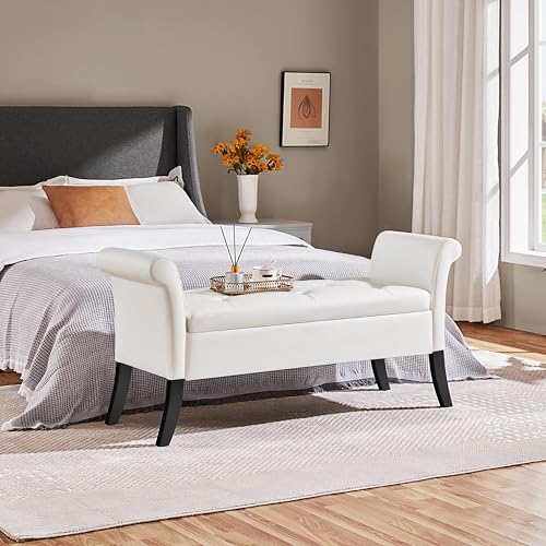 Yaheetech Ottoman with Storage, 52' Storage Ottoman Bench with Safety Hinge, Upholstered Bench with Seating for Bedroom, Living Room, Holds up to 661 lb, White