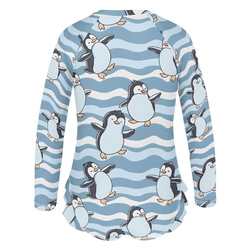 Cartoon Penguin Dancing Wave Girls Long Sleeve Swimsuit Rash Guard One Piece Bathing Suits Zipper 3-12T3