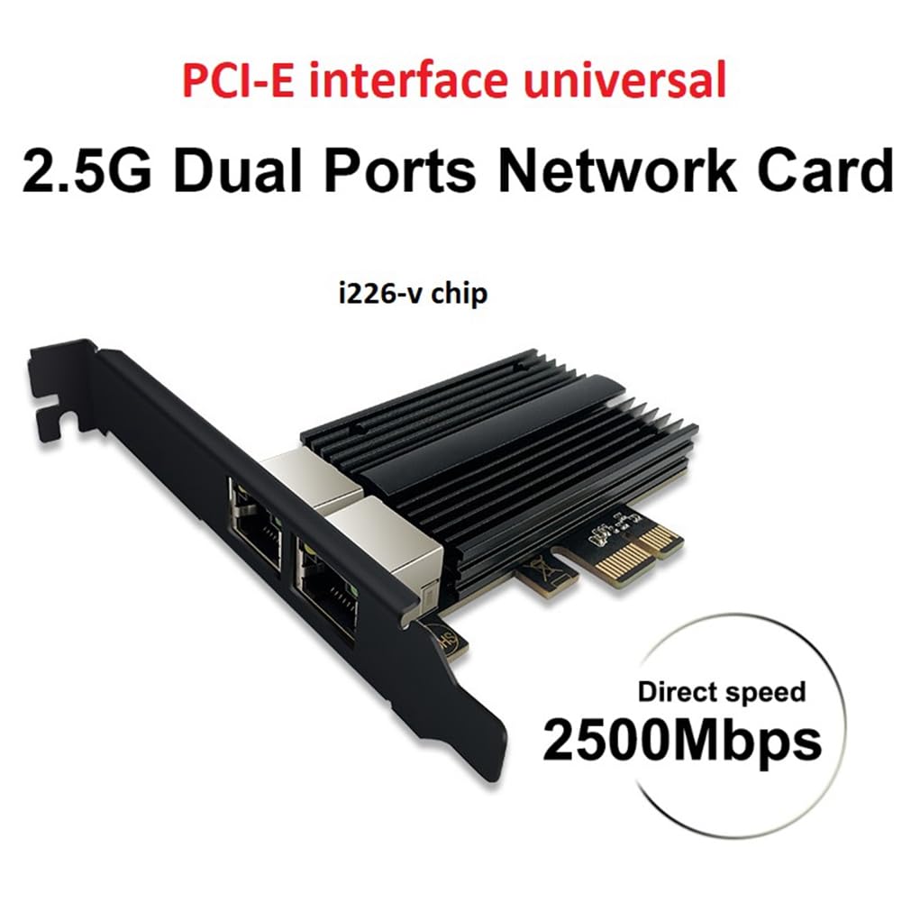 Loufy Scheda di Rete da 2500 Mbps Pcie A RJ45 I226-V Scheda di Rete Gigabit Ethernet da 2,5 G A Doppia Porta 100/1000/2500 Mbps per Desktop Nero 1 PZ