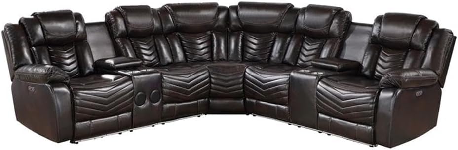 Pemberly Row 3-Piece Power Reclining Sectional, Faux Leather, Dark Brown, LED Lighting, USB Ports, Built-in Speakers, V-Stitch, Dual Consoles with Cupholders, Storage, Foam Cushions, 300 lbs Per Seat