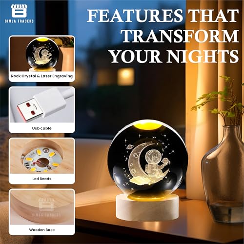 Image of CRAE 3D Crystal Night Lamp Ball - Astronaut, LED Light with Wooden Base, Creative lamp for Home Office Decoration,Best for Gifting (Astronaut)