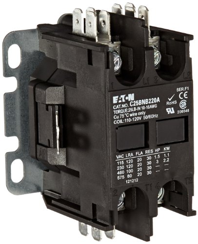 Eaton C25BNB220A Compact Definite Purpose Contactor, 20A Inductive Current Rating, 1.5 Max HP Rating at 115V, 3 Max HP Rating at 230V, 120VAC Coil Voltage