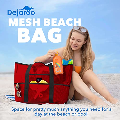Dejaroo - Mesh Beach Bag, Lightweight Mesh Tote Bag With 8 Pockets For Vacation Essentials, Foldable Beach Bag For Travel, Beach Travel Essentials, 16.5 X 8.5 X 15 Inches, Red With Black Straps #TOP1