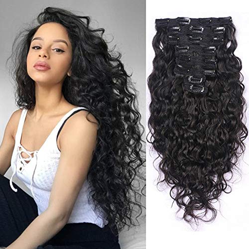 Easen Hair Brazilian Hair Clip in Extensions Water Wave Hair Extensions Clip in Remy Virgin Hair Natural Black Color Clip in Hair 7pcslot 120gramsset Full Head Wavy Human Hair Clip (16inch)