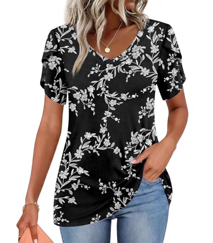 Image of CATHY 2026 Women Tops Summer Short Sleeve Tunic V Neck T-Shirts Loose Casual Floral Blouse S-4XL