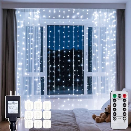 Soagrc 200 LED Curtain String Lights 9.8 * 6.6FT Plug in Fairy with Timer and 8 Modes, Waterproof Window Wall Lights for Bedroom Wedding Party Indoor Outdoor Christmas Decor