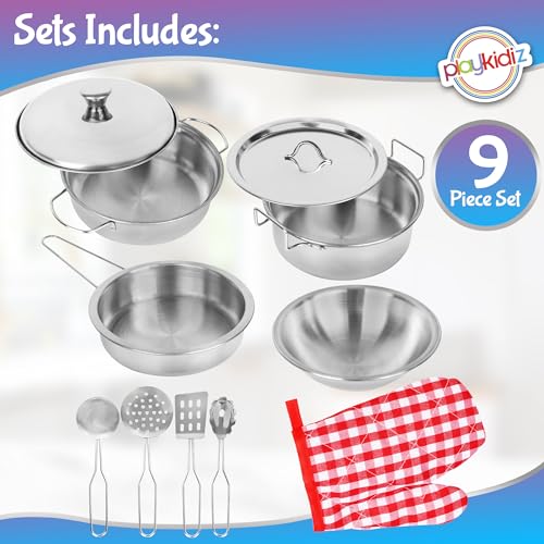 Playkidz Stainless Steel Pots and Pans - Toy Cookware 9 Piece Playset for Kids Pretend Play House - Great Birthday Gift for Girls - Image 4