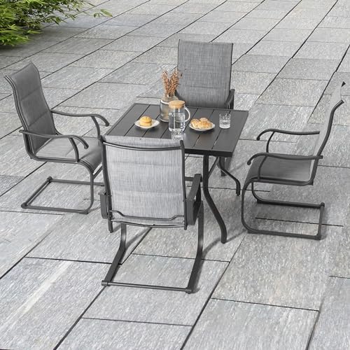 Image of NUU GARDEN 5-Piece Outdoor Dining Set, All Weather Outdoor Padded Textilene Patio Chairs and Square Dining Table with Umbrella Hole for Backyard, Patio, Garden, Deck, Light Black and Grey