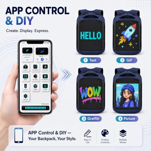 Image of Led Backpack with Programmable Screen,Laptop Backpack with APP Control,17 inch Waterproof Led Bag,Travel, Motorcycle Bag,Scooter Backpack,Blue(Power Bank Not Included)