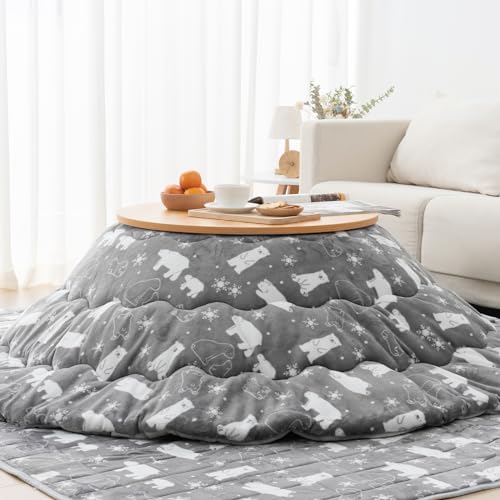 Vamcheer こたつ布団 円形 こたつふとん 約190cm丸 こたつ用布団 あったか 円型 丸型 こたつ掛け布団 厚手 フランネル リバーシブル 両面使える ふわふわ ぽかぽか ぬくぬく 冬用 洗える 静電気防止 毛抜けない ホッキョクグマ柄xグレー