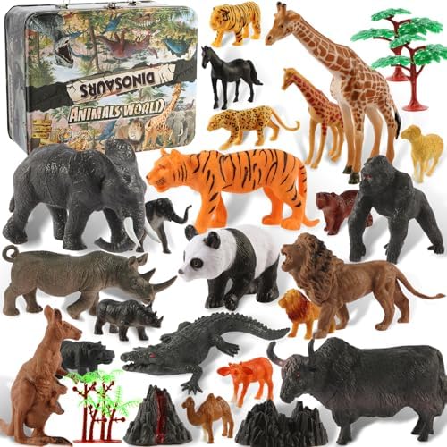 30-Piece Safari Animals Figures Toys Set for Kids -6-Inch Realistic Jumbo Wild Zoo Animals, Plastic African Wild Zoo Animals Playset with Metal Storage Box Educational Learning Playset for Kids 3-5-7